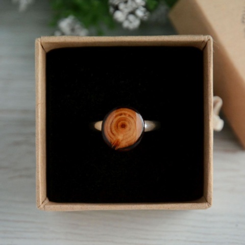 Pierścionek z drewnianym oczkiem z modrzewia i srebra