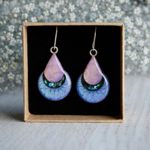 Niebiesko fioletowe kolczyki wiszące łezka i księżyc