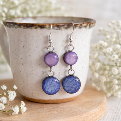 Długie kolczyki fioletowo niebieskie z dwóch oczek